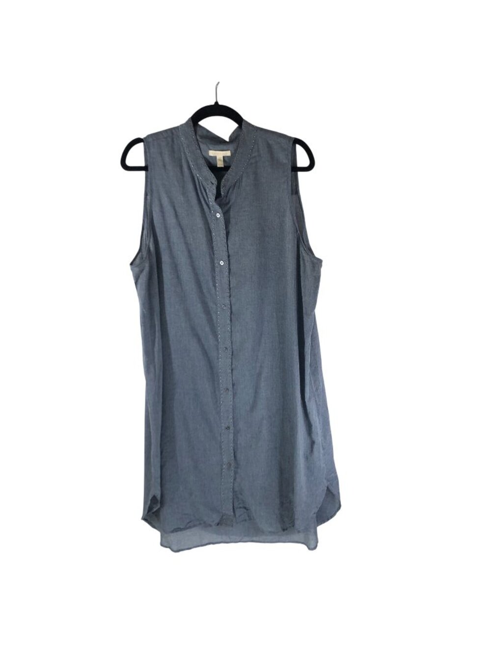 Eileen Fisher Sleeveless Button-Down Blue Tunic Dress XL Organic Cotton Studded
